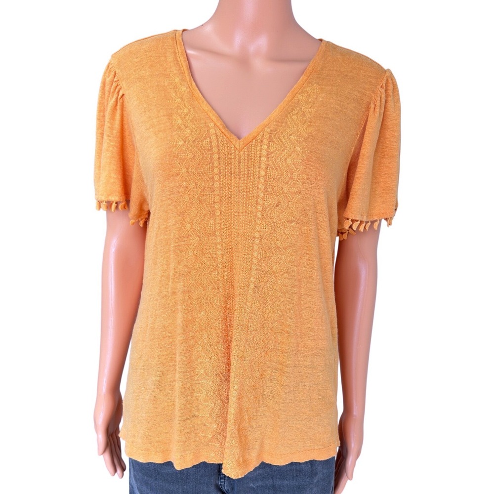 Chicos Marigold Orange 100% Linen Embroidered Pom Pom Flutter Sleeve Top Size 1